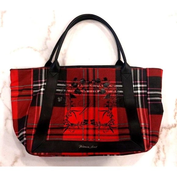 Victoria Secret Tote Bag Plaid Holiday Red Black Logo Everyday Casual 19x12x6 - Picture 3 of 9